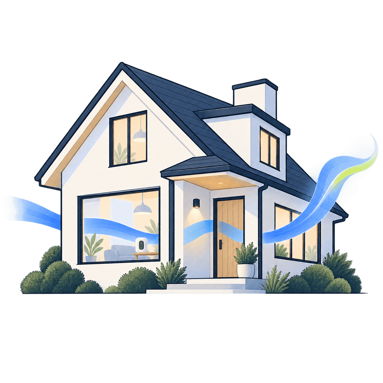 A welcoming home with a small air sensor inside and a ribbon of fresh air flowing through it.