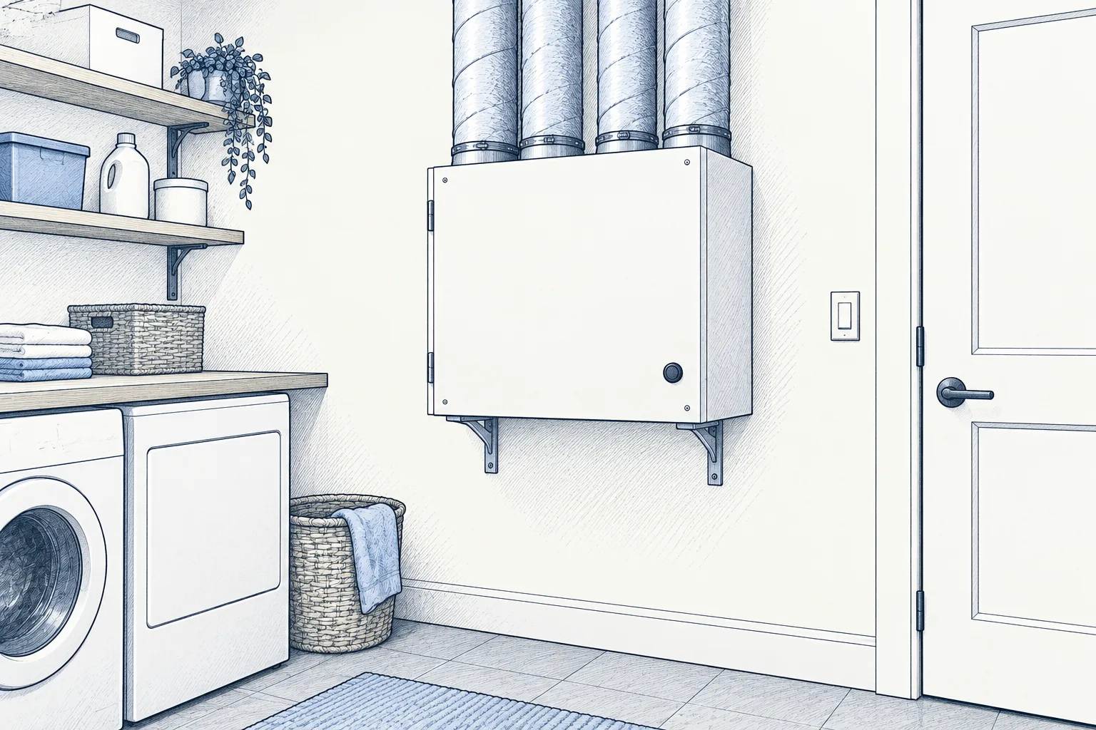 An illustrative residential ventilation cabinet with four separate duct connections.
