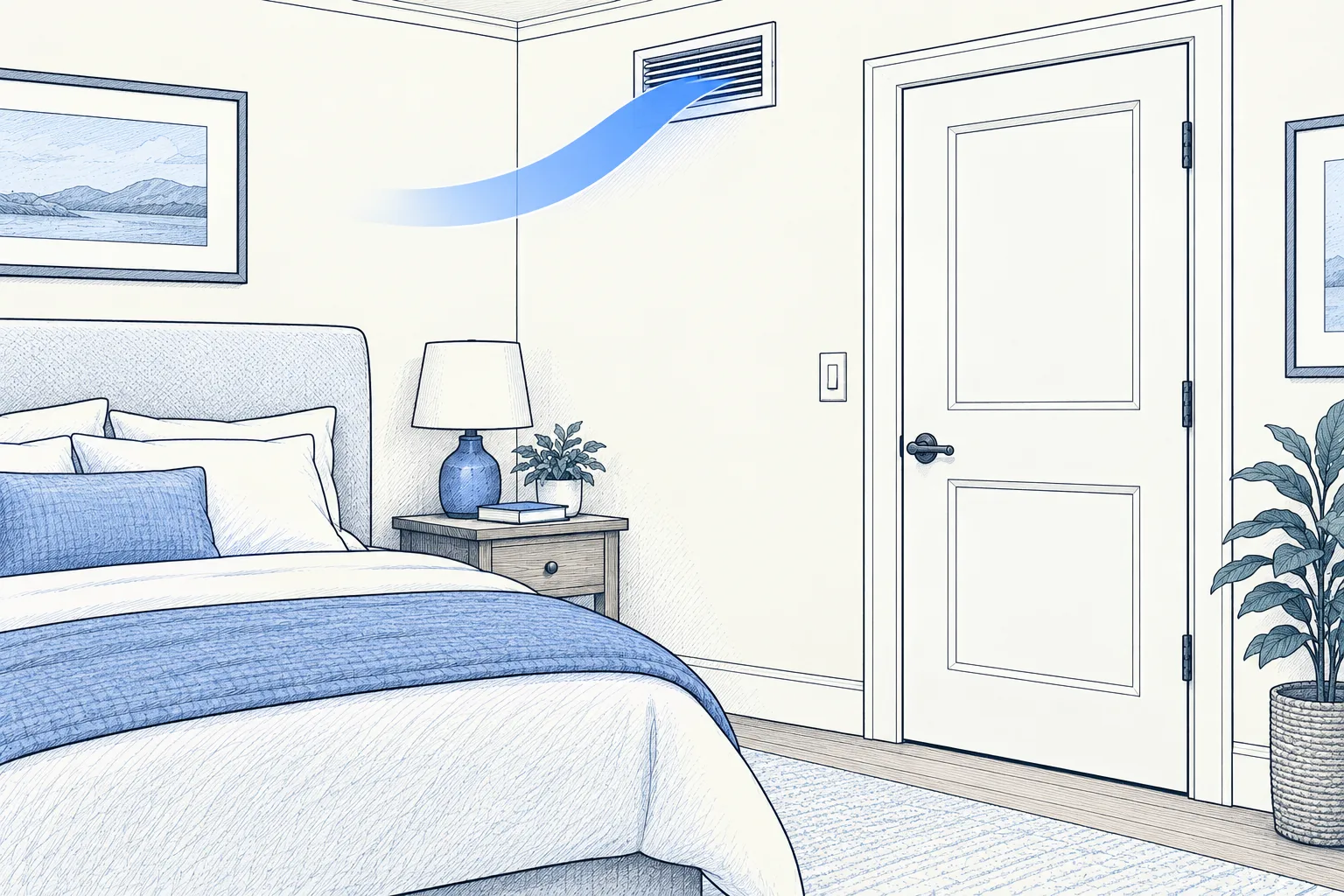 A bedroom with its door fully closed and an airflow ribbon coming from a wall supply vent.