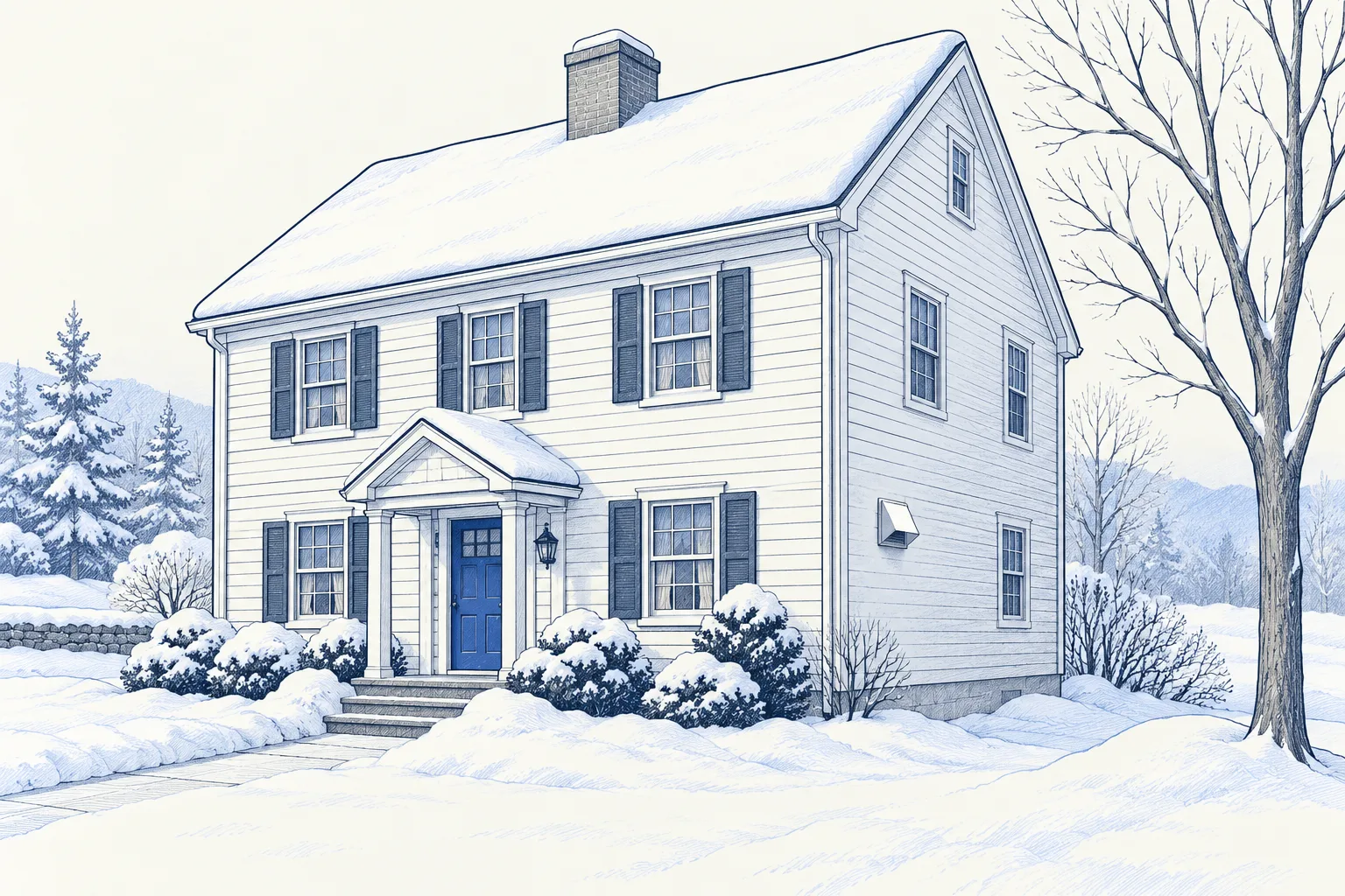A blue pencil illustration of a New England-style house surrounded by snow and bare trees.
