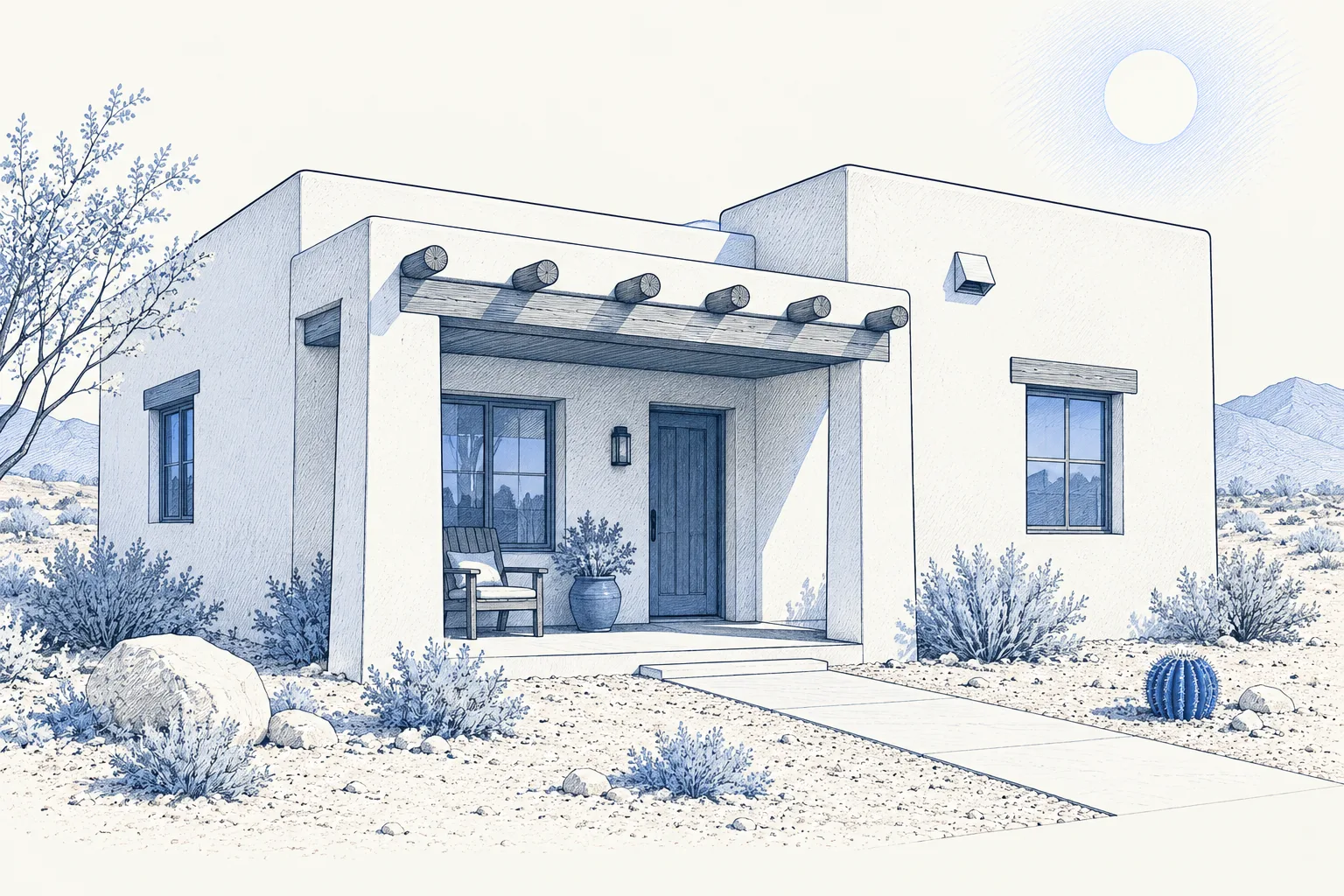 A blue pencil illustration of a Southwestern stucco home, desert plants and a bright sun.