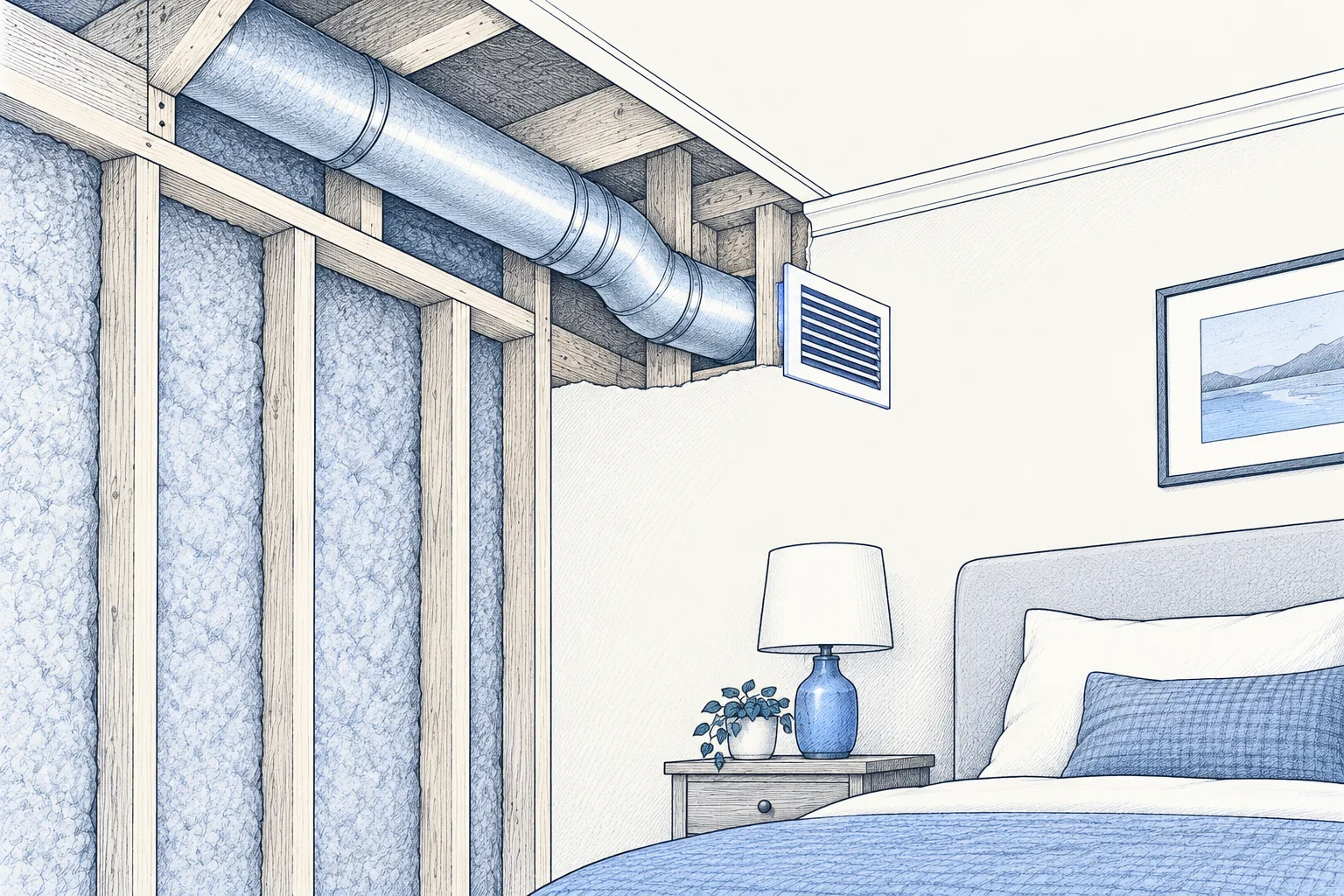 An illustrative cutaway of a metal ventilation duct running through open framing toward a bedroom grille.