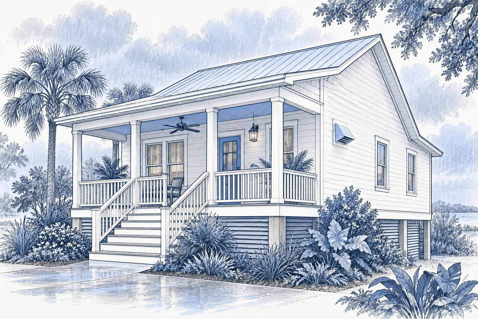 A blue pencil illustration of a raised Southern cottage with palms and a rain-wet path.