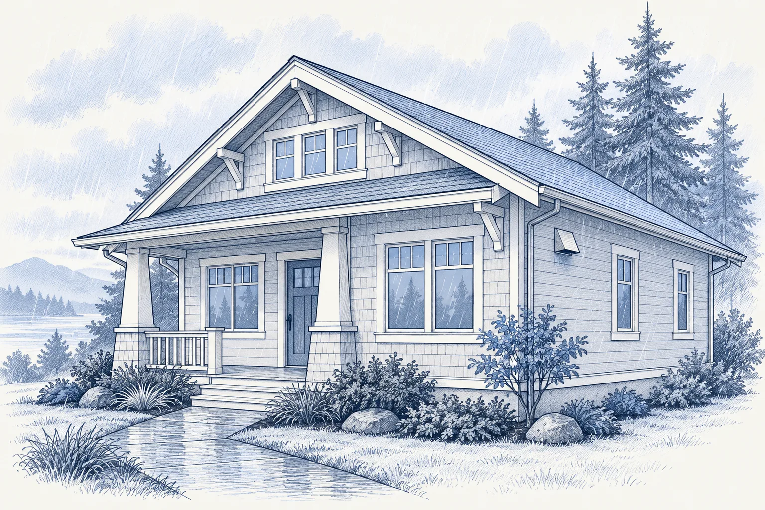A blue pencil illustration of a Pacific Northwest craftsman house among evergreens in the rain.