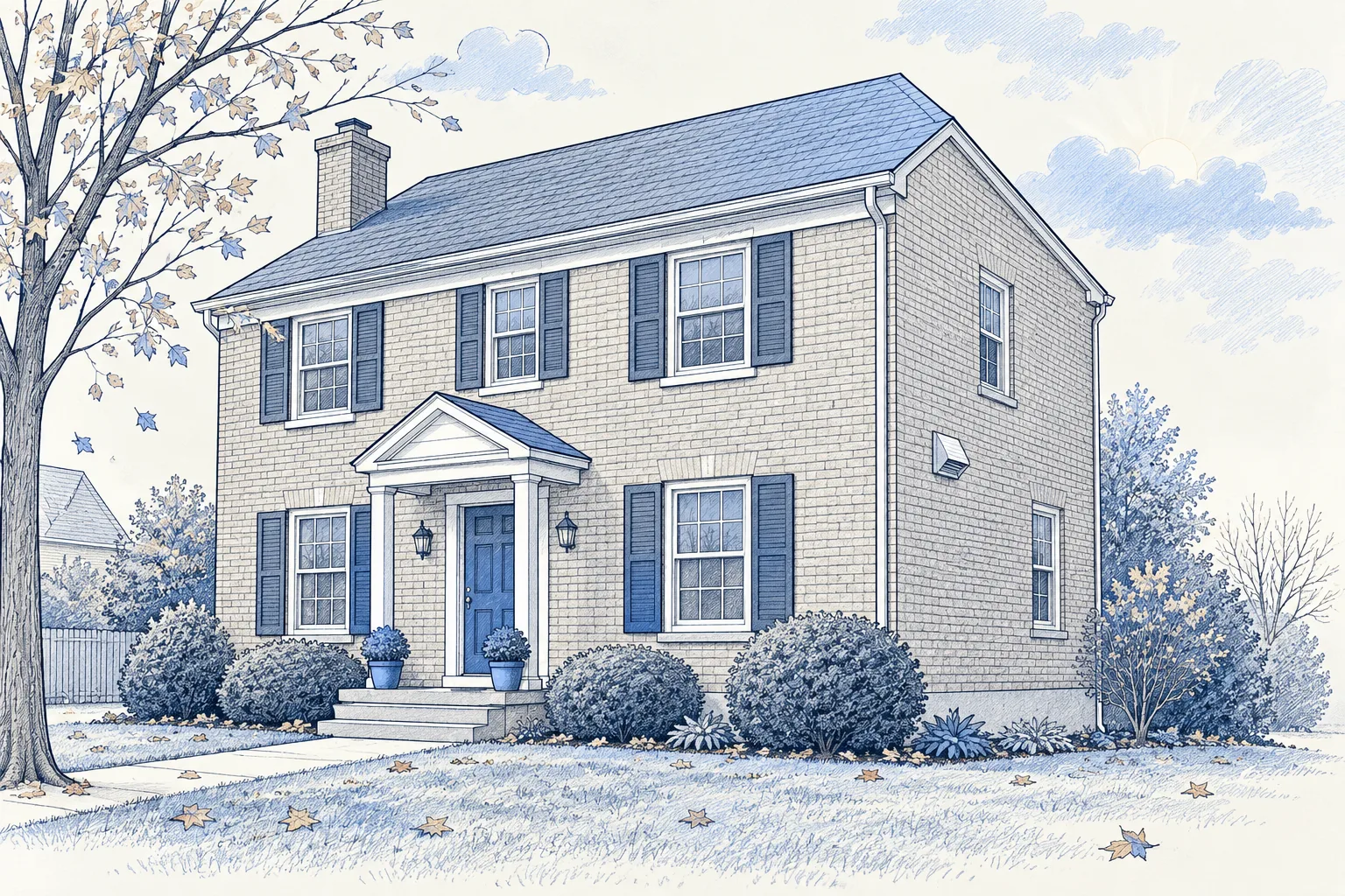 A blue pencil illustration of a brick house with autumn leaves and passing clouds.