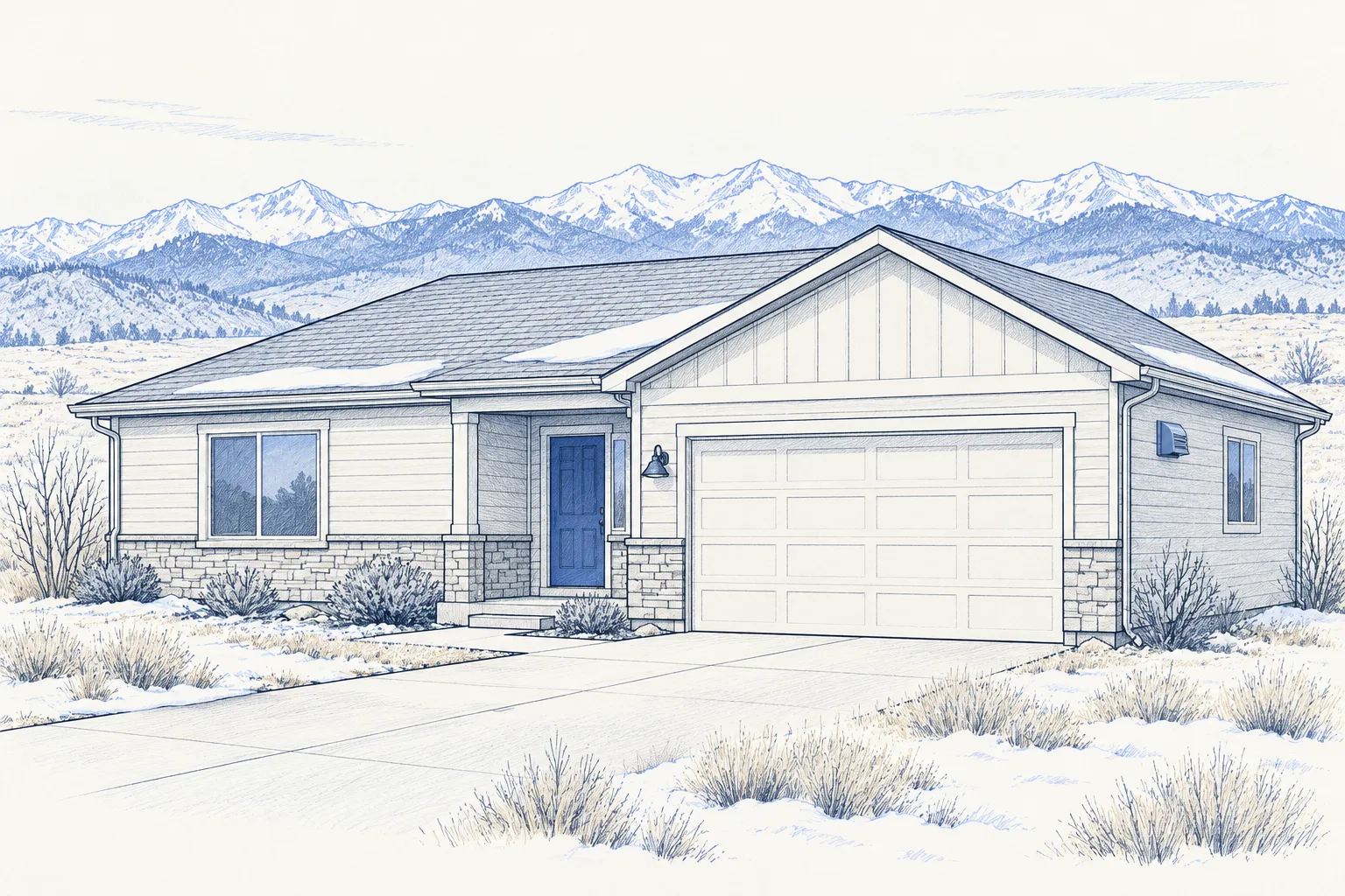 A blue pencil illustration of a ranch house with dry grasses and snowy mountains behind it.