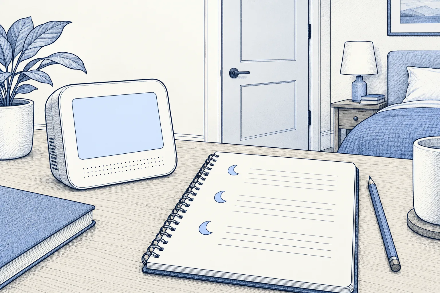 A monitor, pencil and notebook with spaces for three nights of observations.