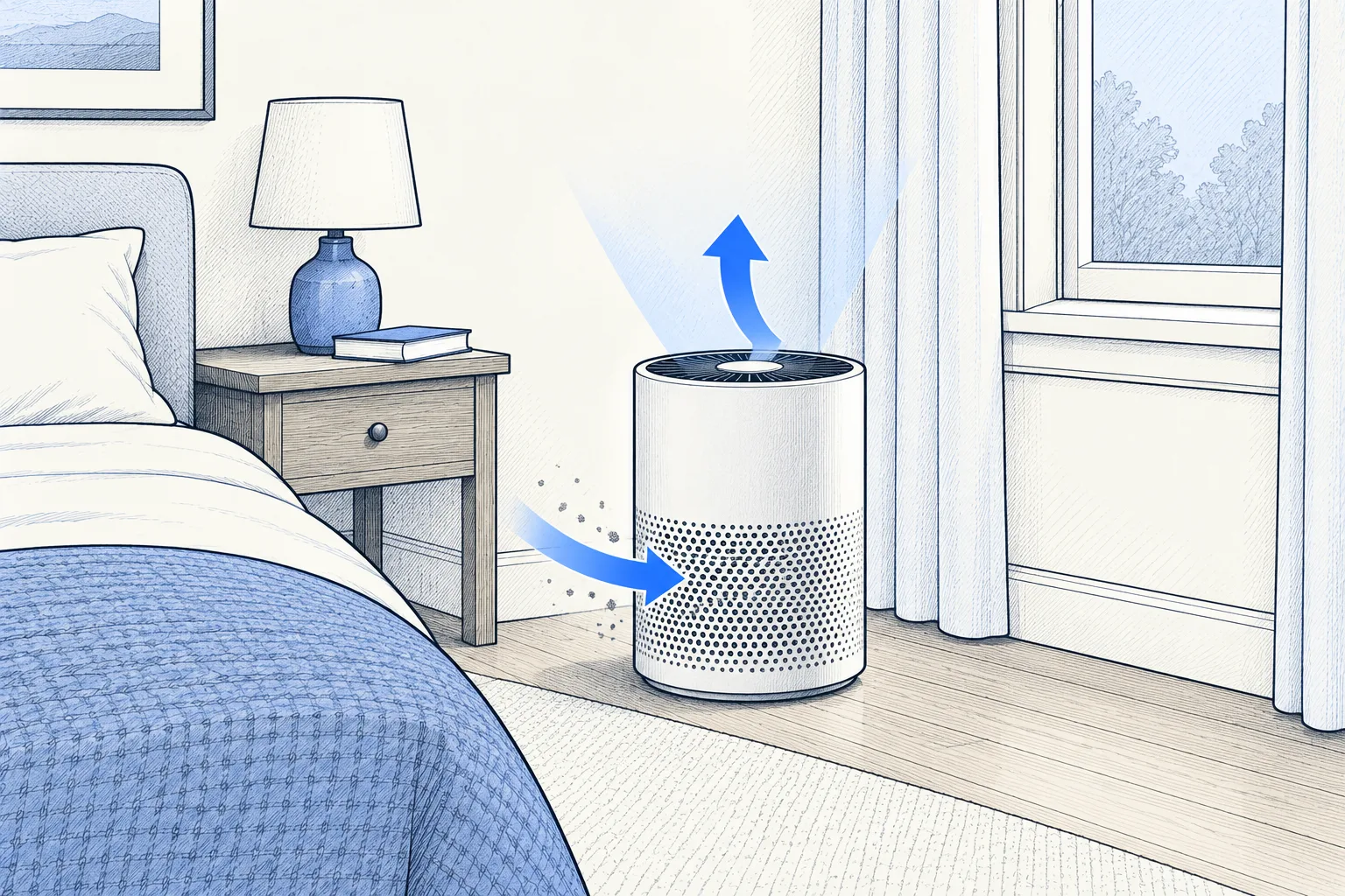 A portable air purifier with arrows circulating air inside a bedroom with the window closed.
