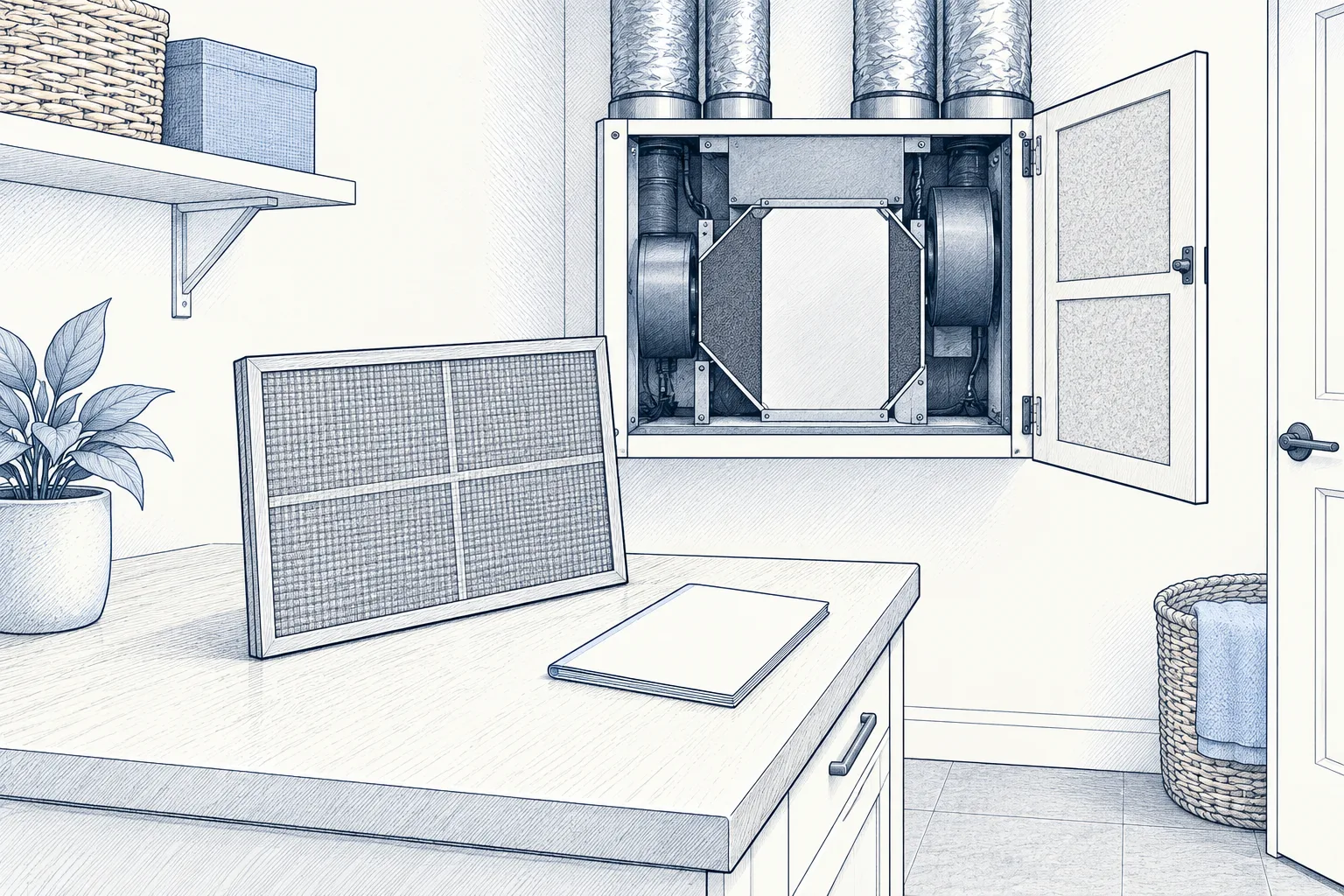 A ventilation cabinet, a removable filter and an instruction booklet in a utility space.