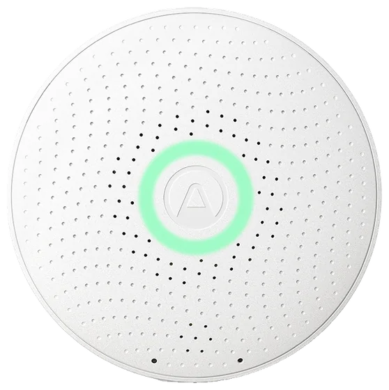 Airthings Wave Plus: a round white disc with a glowing green ring and no screen