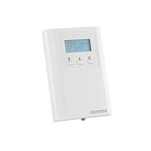 Greystone CD2RMC wall-mounted room CO₂ transmitter with a small display reading in ppm