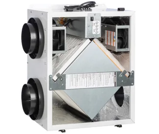 RenewAire EV Premium M energy recovery ventilator with its front panel open, showing the square recovery core inside