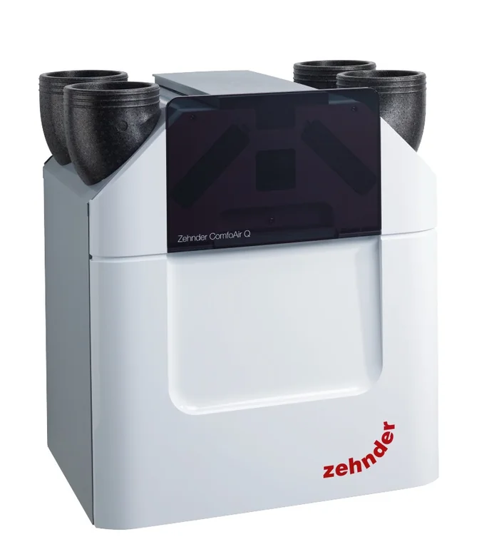 Zehnder ComfoAir Q350 heat or energy recovery ventilator, a white wall-hung unit with four duct connections on top